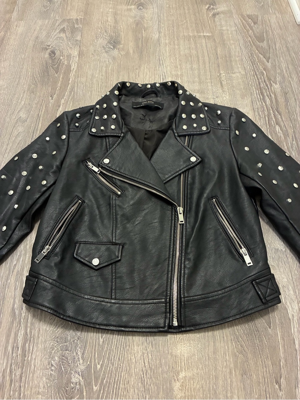 ZARA Studded Faux leather biker black jacket with skull decal women’s Medium - Picture 5 of 16